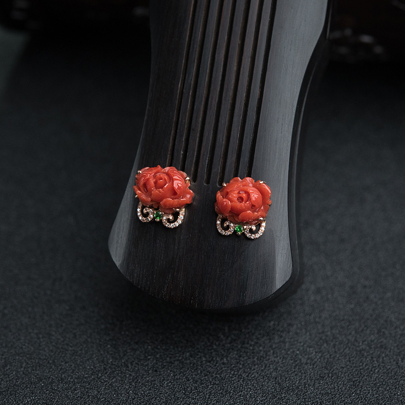 意大利18K金镶钻沙丁朱红珊瑚花耳钉-红掌柜