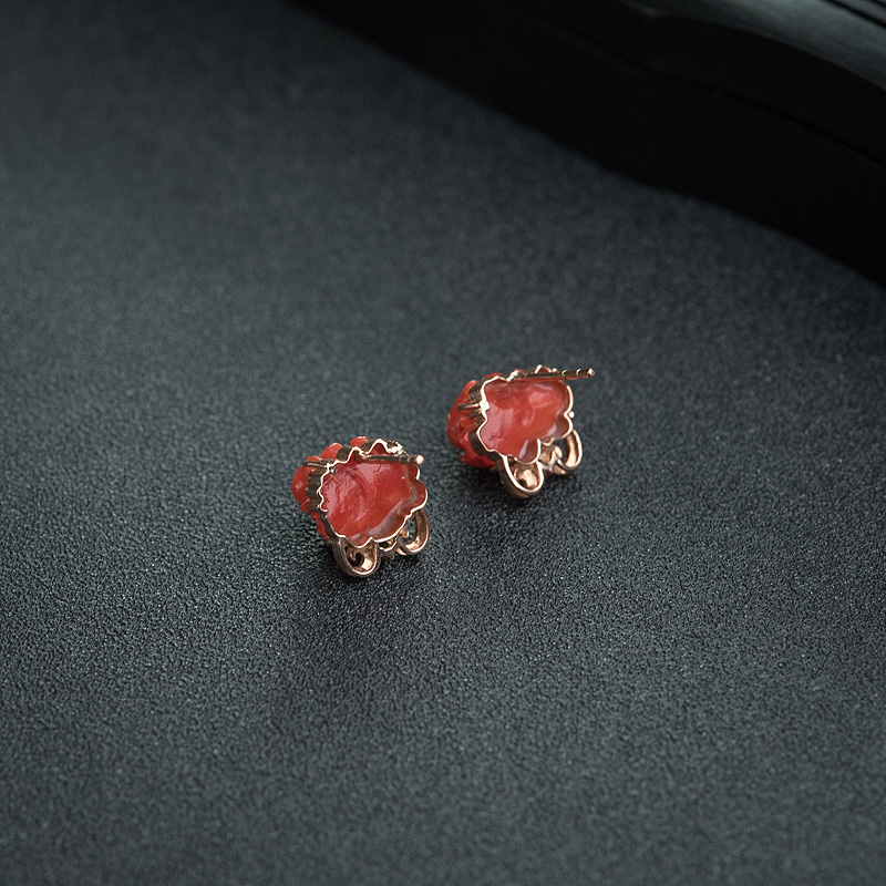 天然沙丁朱红珊瑚花耳钉-红掌柜