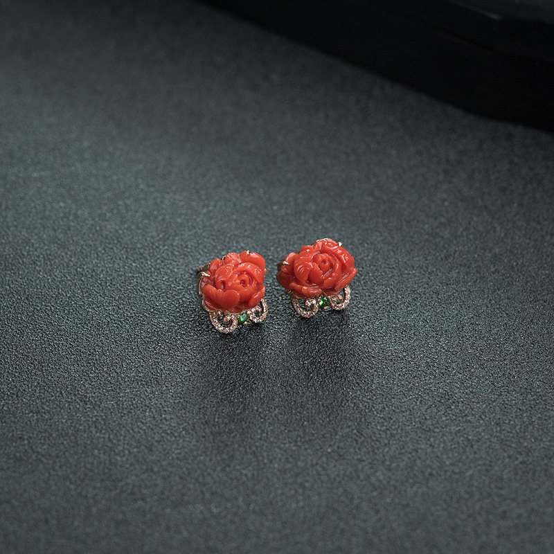 意大利沙丁朱红珊瑚花耳钉-红掌柜