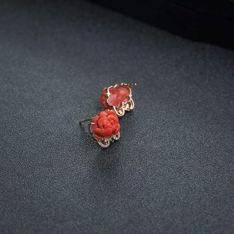 沙丁朱红珊瑚花耳钉-红掌柜