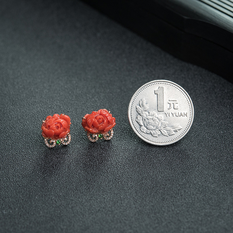 天然意大利沙丁朱红珊瑚花耳钉-红掌柜