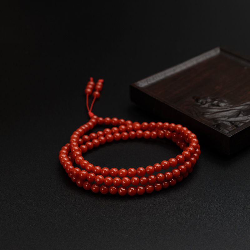 4mm天然沙丁红珊瑚佛珠项链-红掌柜