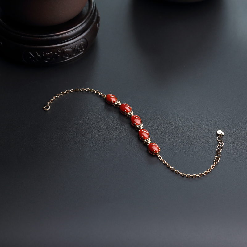 18K金镶钻意大利天然沙丁红珊瑚手链-红掌柜