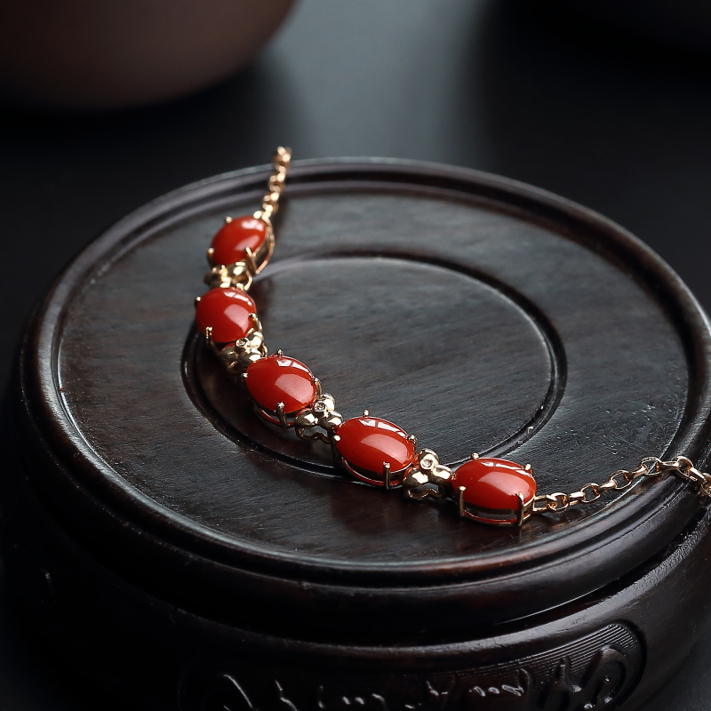 18K金镶钻沙丁红珊瑚手链-红掌柜