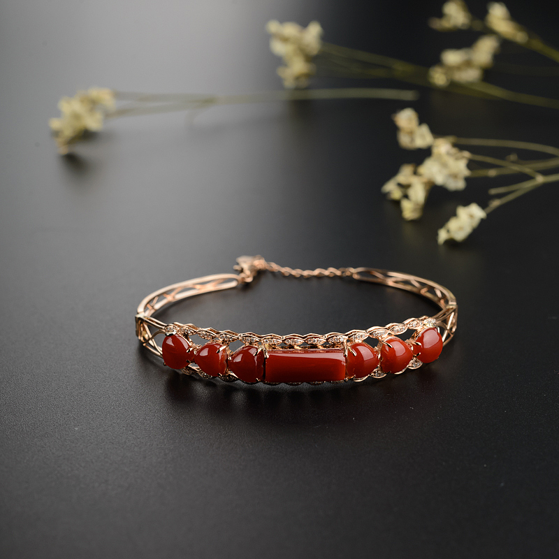 18K金镶日本天然阿卡珊瑚手镯-红掌柜
