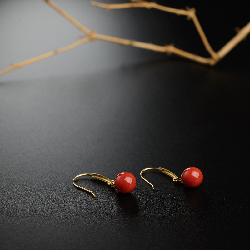天然金镶红珊瑚耳环-红掌柜