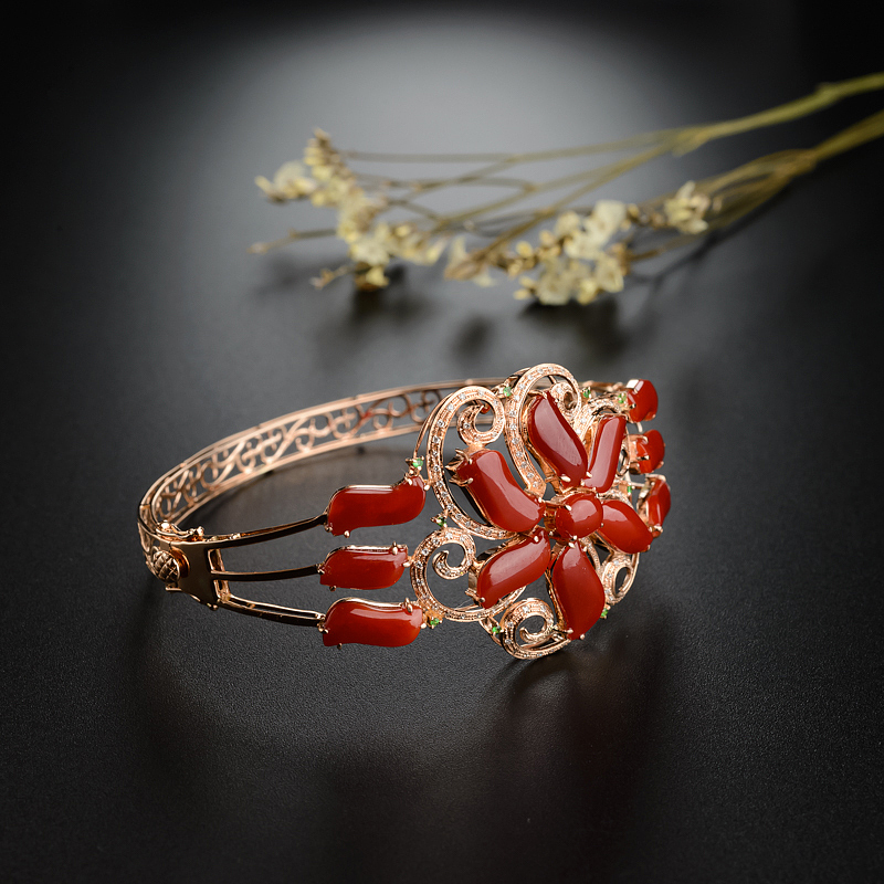 天然18K金镶钻阿卡珊瑚手镯 - 红掌柜