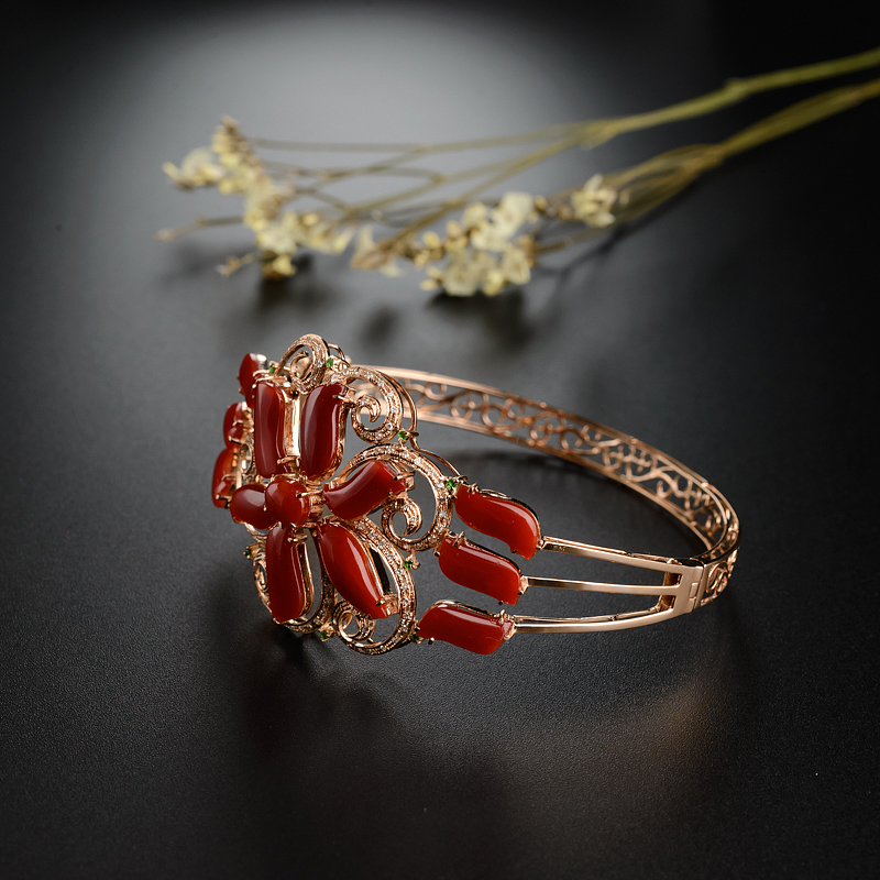 18K金镶钻阿卡珊瑚手镯 - 红掌柜