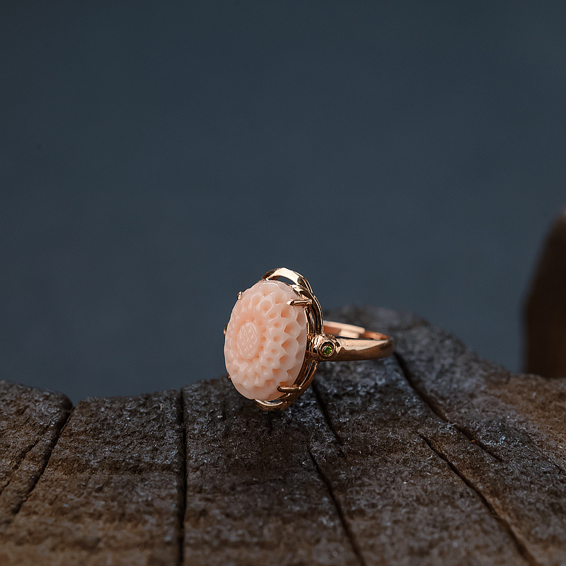 天然18K镶MISU粉色珊瑚花戒指 - 红掌柜