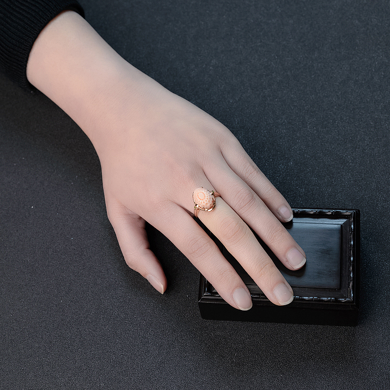 天然MISU粉色珊瑚花戒指 - 红掌柜