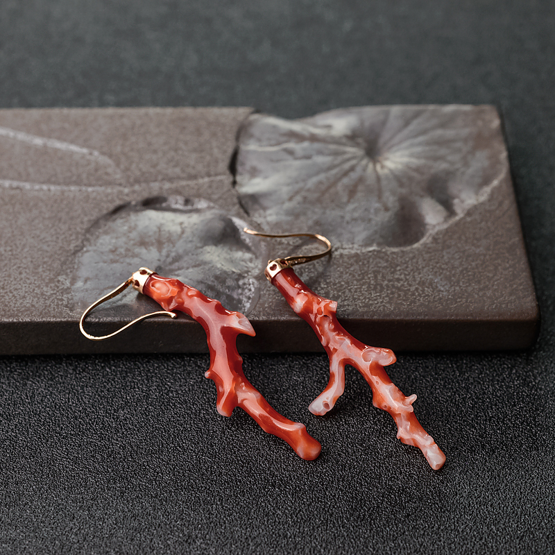 18K金镶阿卡珊瑚耳环-红掌柜