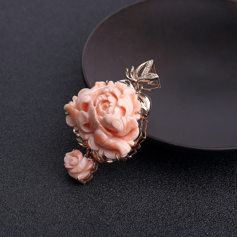 天然深水粉色珊瑚牡丹花吊坠-红掌柜