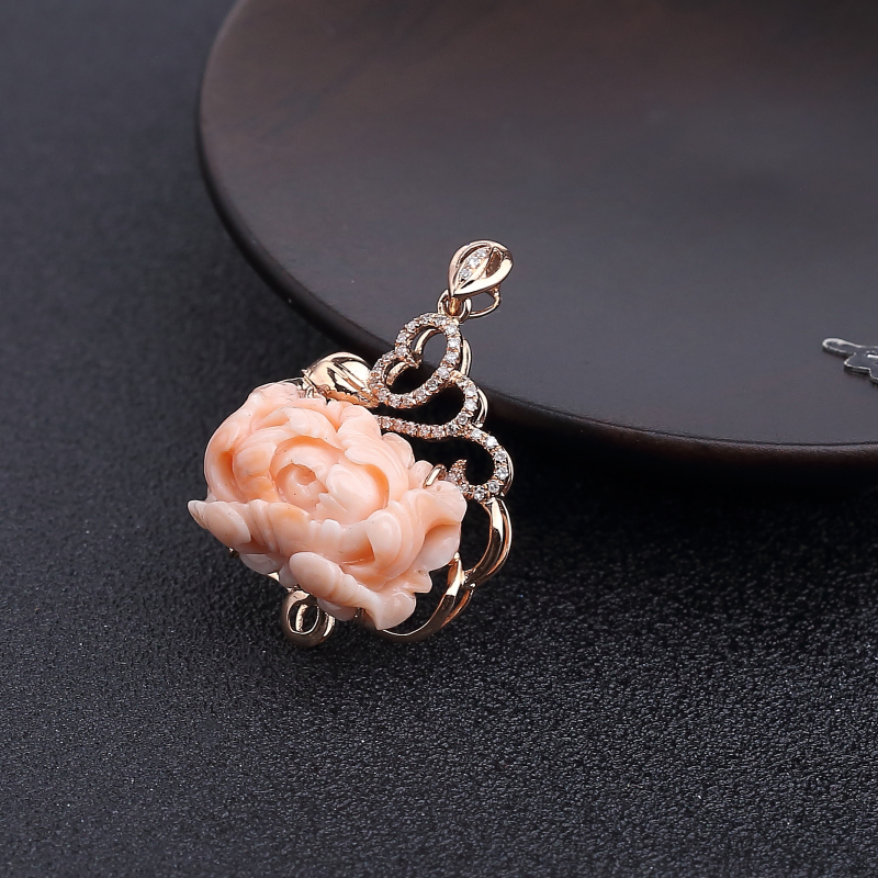 天然深水粉色珊瑚牡丹花吊坠-红掌柜