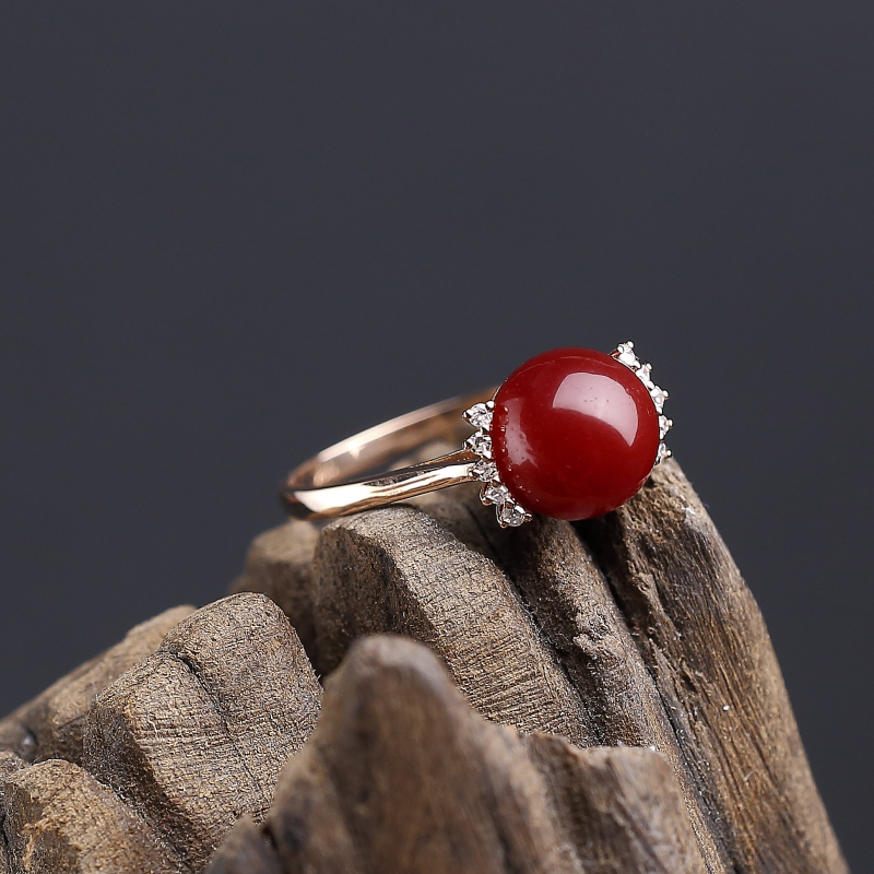 日本18K金镶钻阿卡黑红珊瑚戒指-红掌柜
