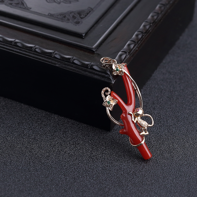 18K金镶钻天然阿卡正红珊瑚吊坠-红掌柜