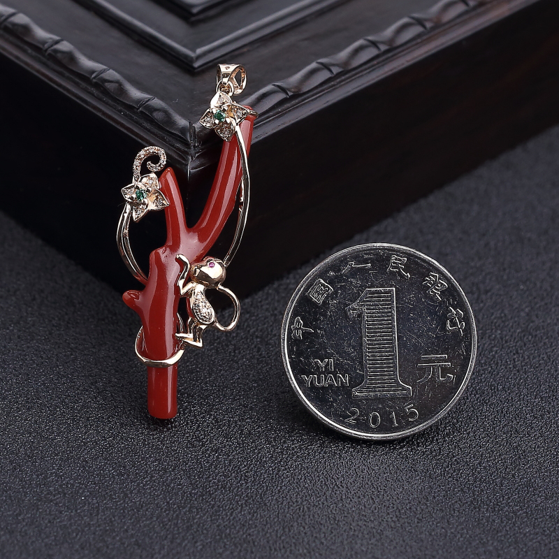 18K金镶钻阿卡正红珊瑚吊坠-红掌柜