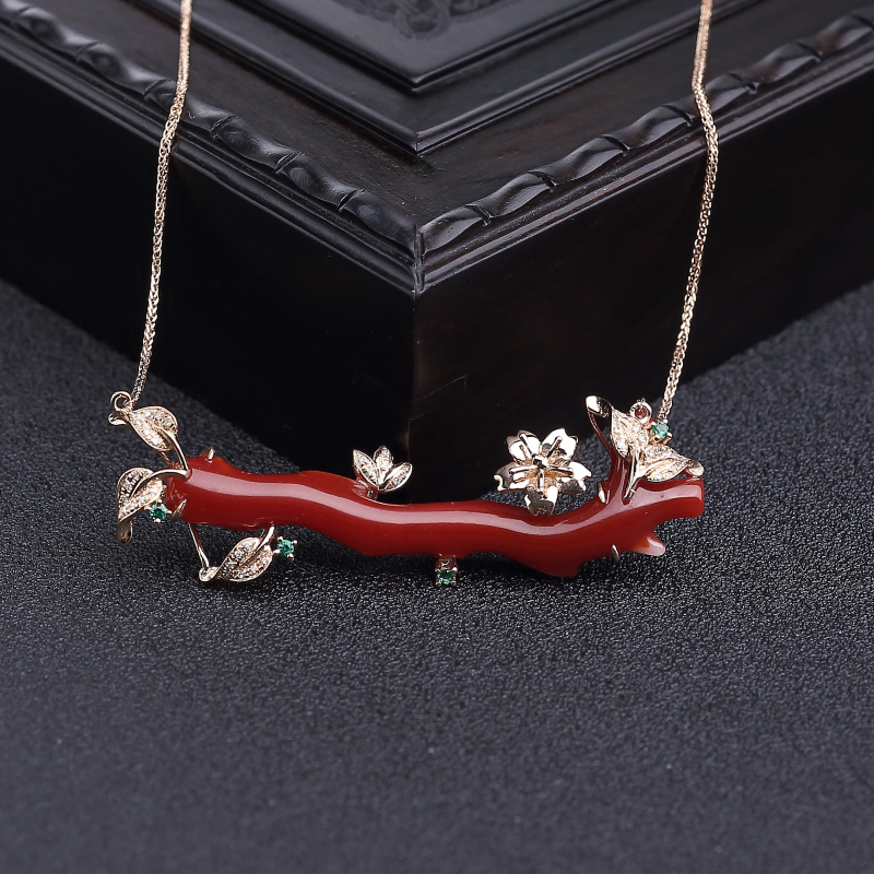 18K金镶钻日本天然阿卡深红珊瑚项链-红掌柜