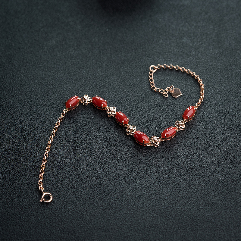 18K金镶钻日本天然正红珊瑚手链-红掌柜