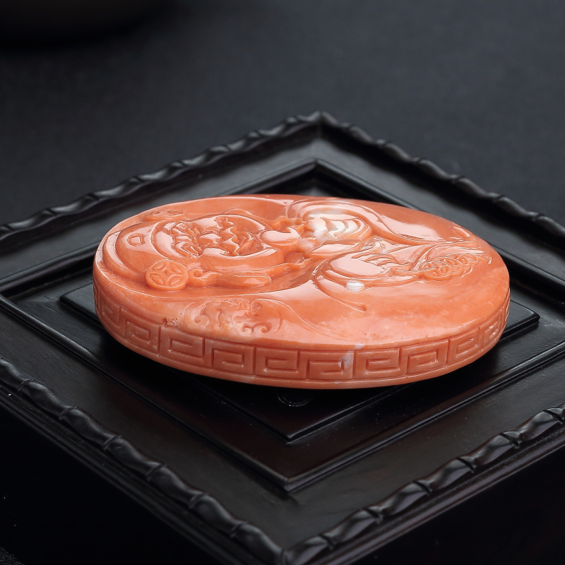 天然MOMO橘色珊瑚财神吊坠-红掌柜