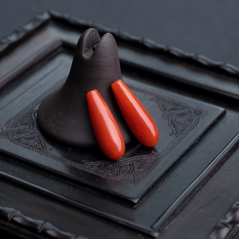 意大利天然沙丁朱红珊瑚水滴戒面-红掌柜