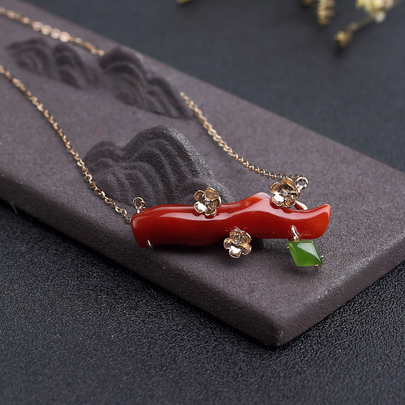 18K金镶钻天然阿卡正红珊瑚锁骨链-红掌柜