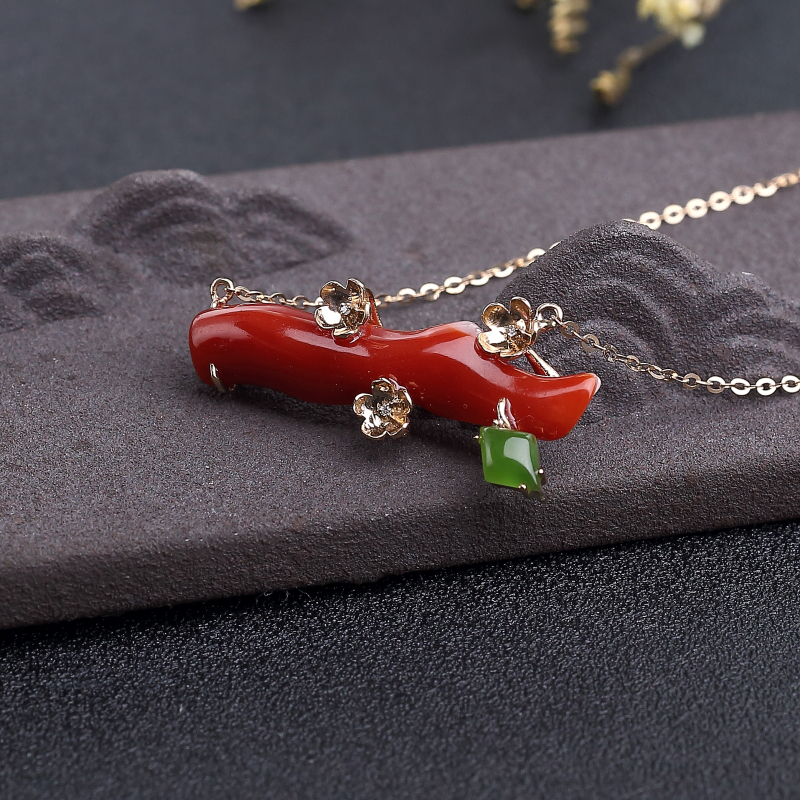 18K金镶钻阿卡正红珊瑚锁骨链-红掌柜