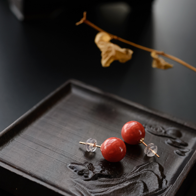 18K金镶意大利沙丁红珊瑚耳钉-红掌柜