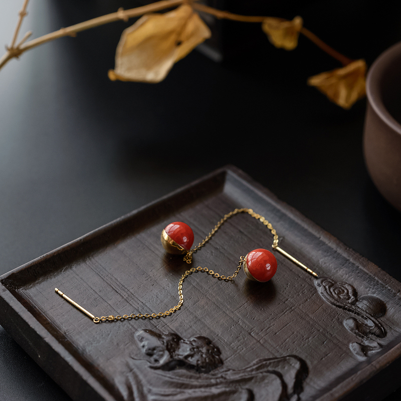 18K金镶意大利天然沙丁红珊瑚耳线-红掌柜