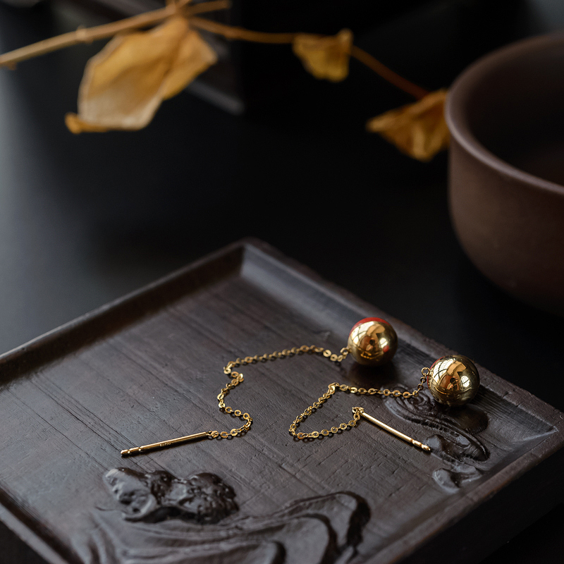 18K金镶天然沙丁红珊瑚耳线-红掌柜