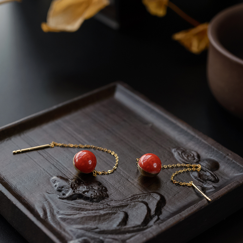 18K金镶意大利天然红珊瑚耳线-红掌柜