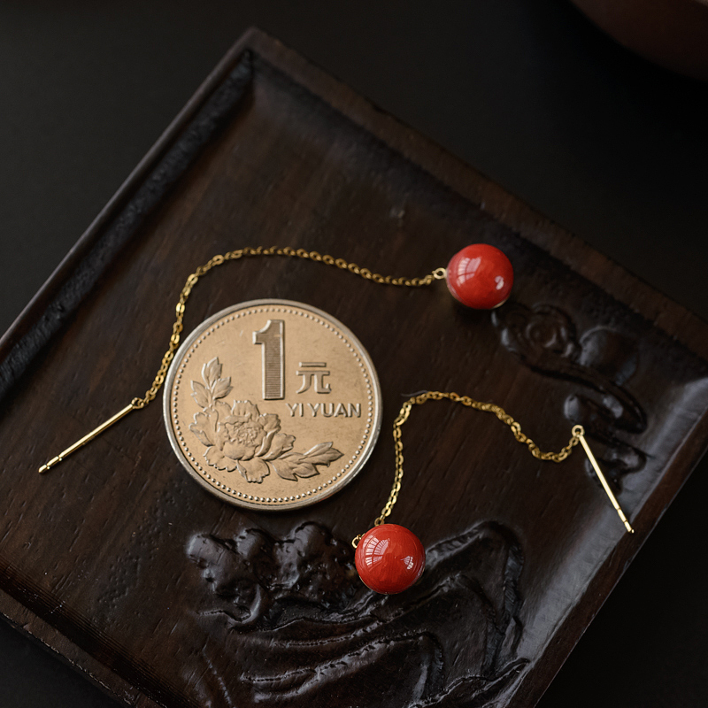 18K金镶沙丁红珊瑚耳线-红掌柜