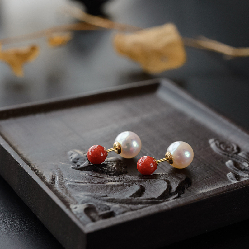 金镶意大利天然沙丁红珊瑚耳钉-红掌柜