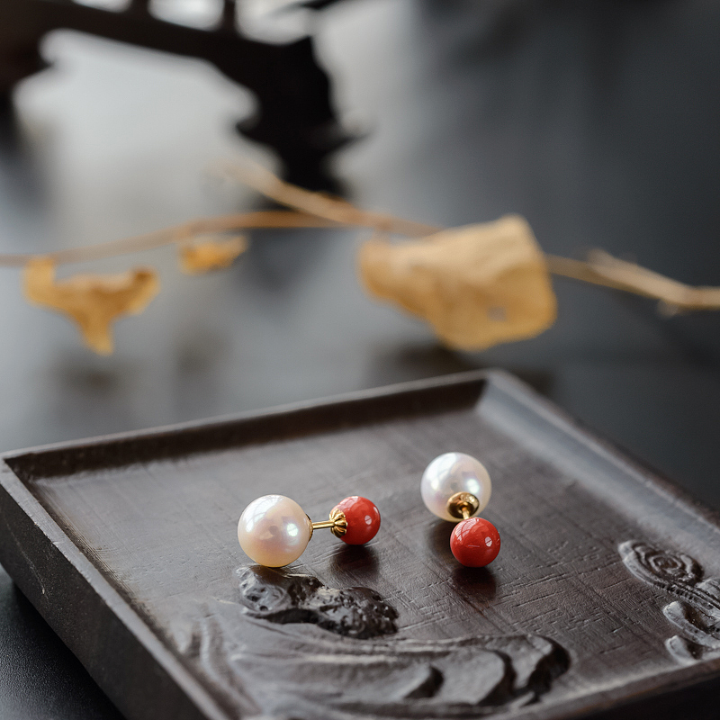 18K金镶意大利天然红珊瑚耳钉-红掌柜