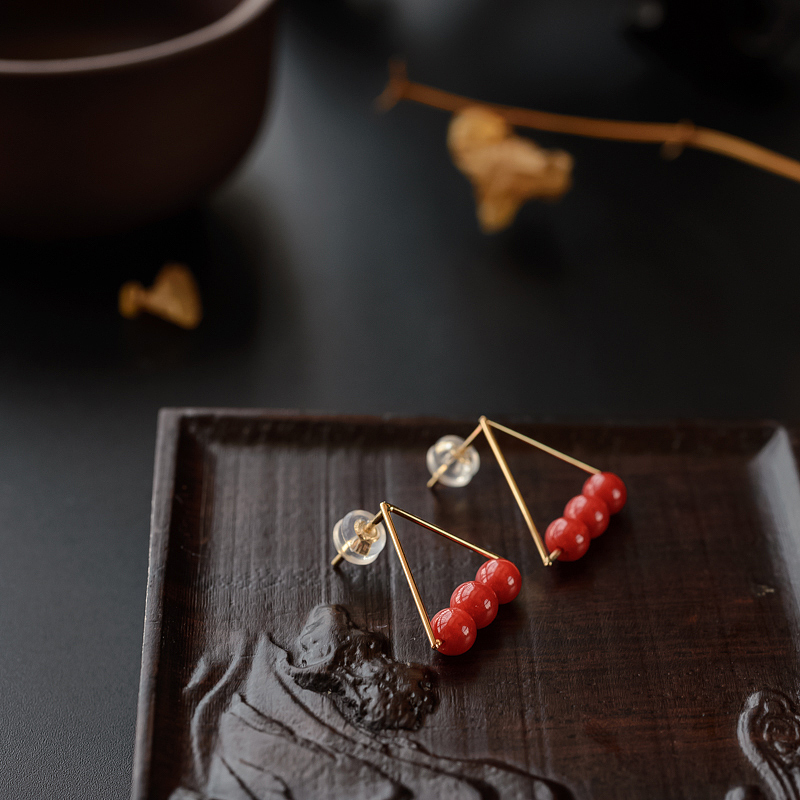 K金镶沙丁红珊瑚耳环-红掌柜