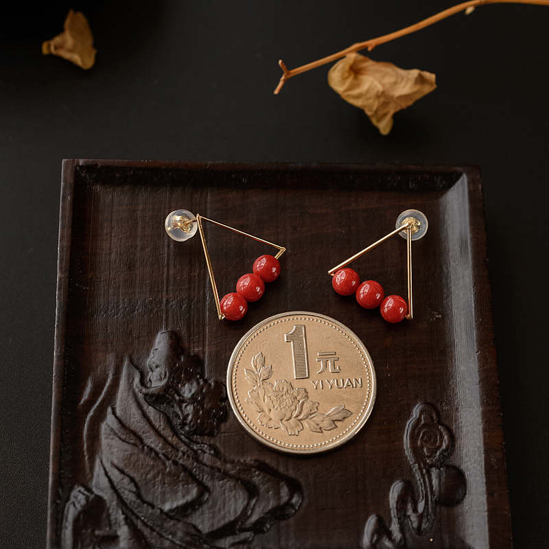 红珊瑚三角形耳环-红掌柜