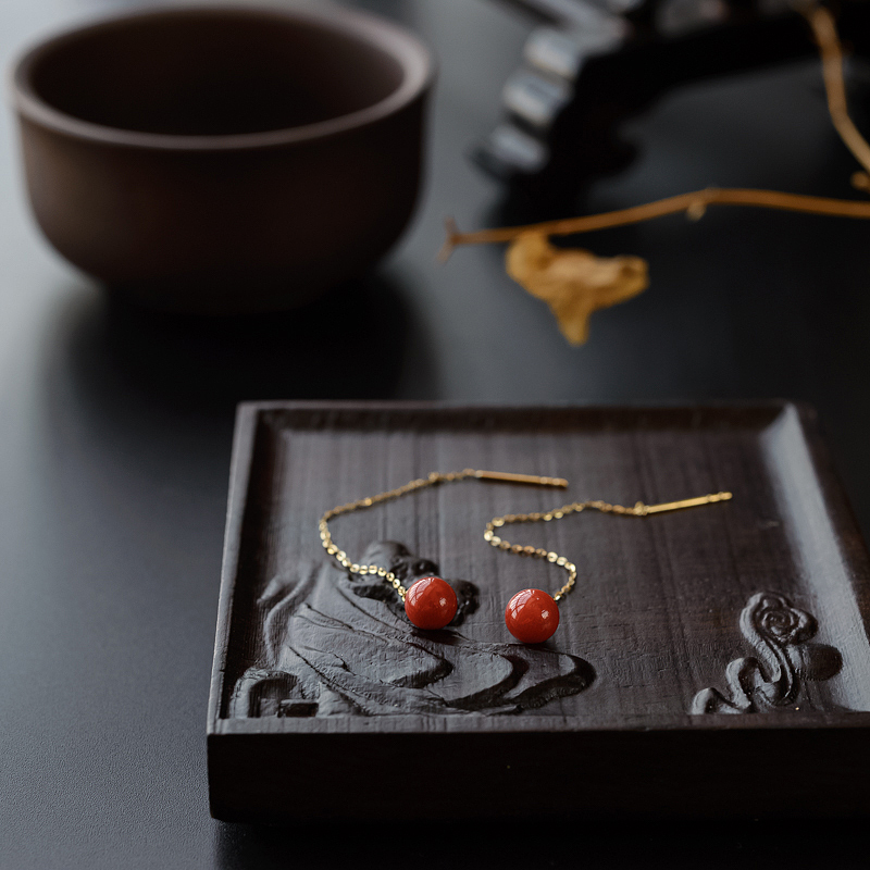 18K金镶红珊瑚耳线-红掌柜