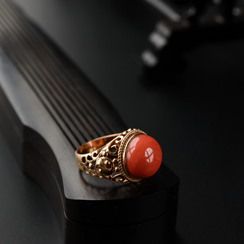 金镶台湾天然momo珊瑚男士戒指=红掌柜