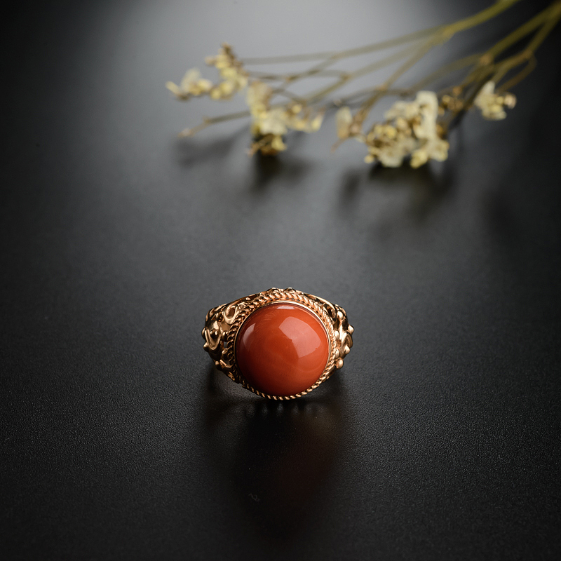 台湾天然18K金镶MOMO红珊瑚戒指 - 红掌柜