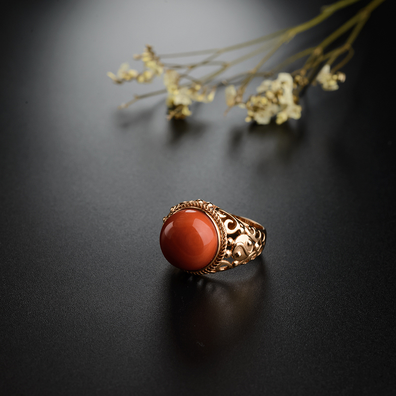18K金镶MOMO红珊瑚戒指 - 红掌柜