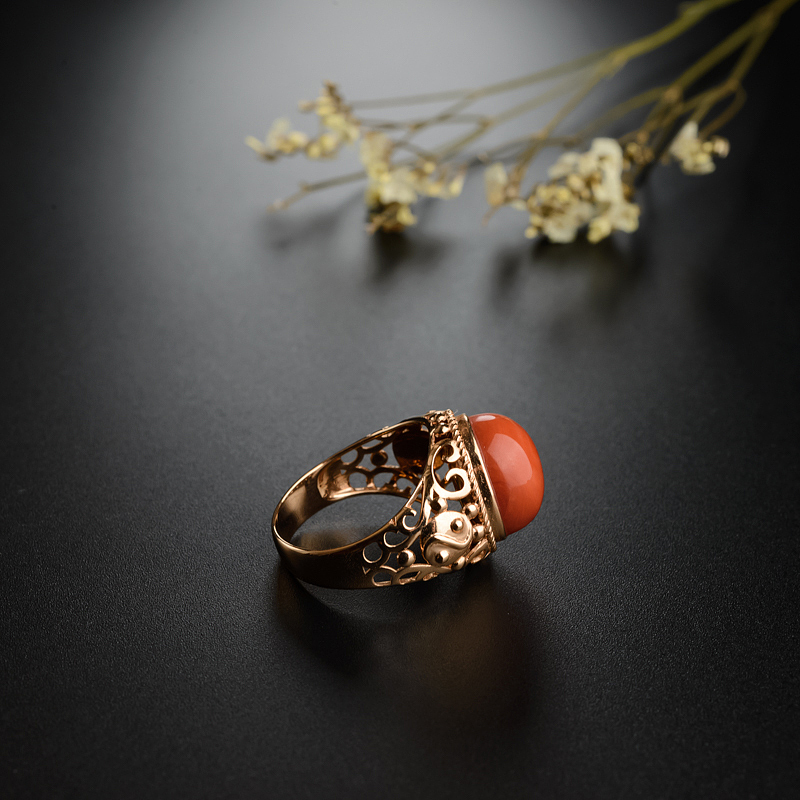 台湾18K金镶MOMO红珊瑚戒指 - 红掌柜