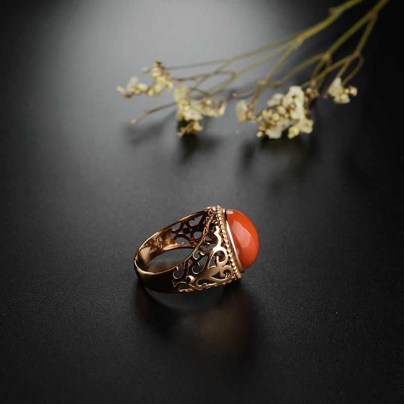台湾18K金镶MOMO红珊瑚戒指 - 红掌柜