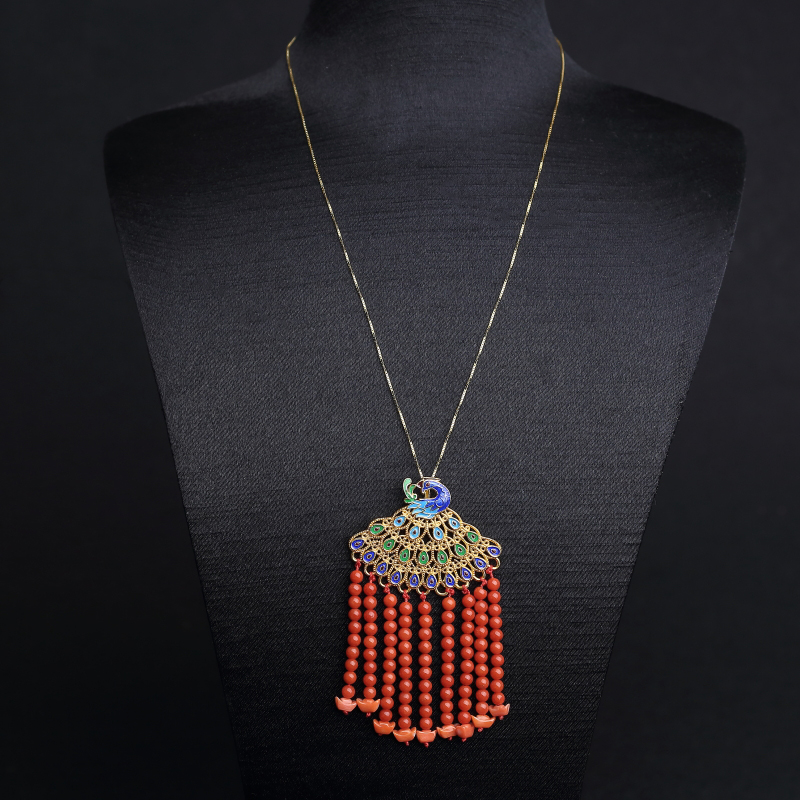 意大利天然沙丁朱红珊瑚孔雀吊坠-红掌柜