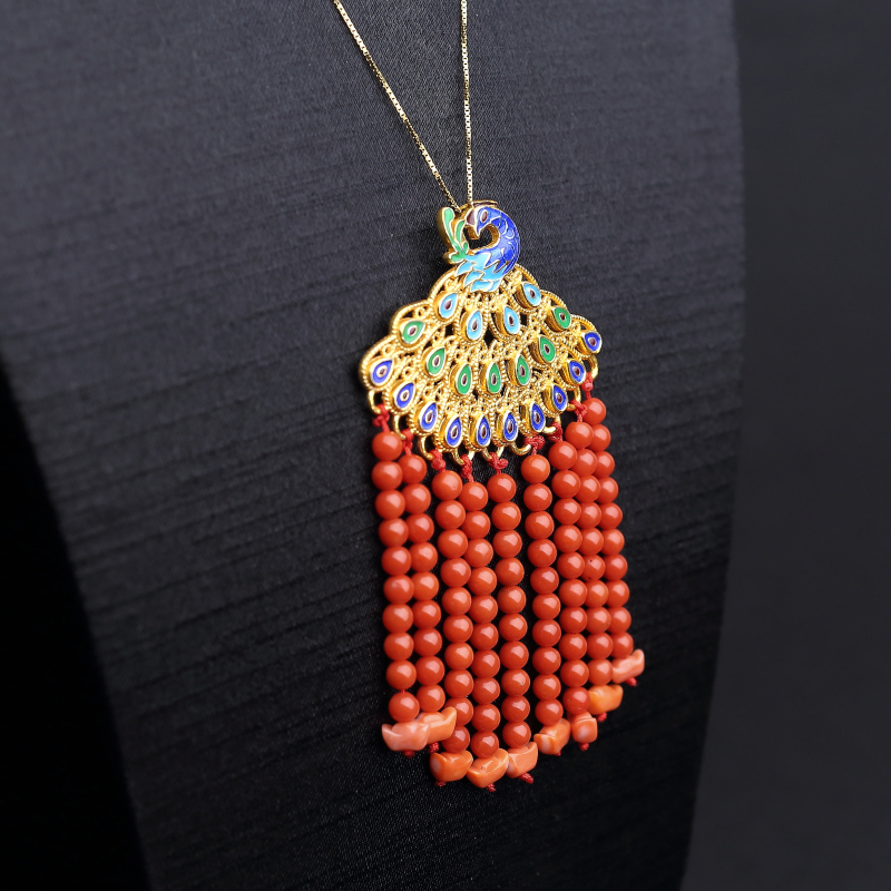 意大利沙丁朱红珊瑚孔雀吊坠-红掌柜