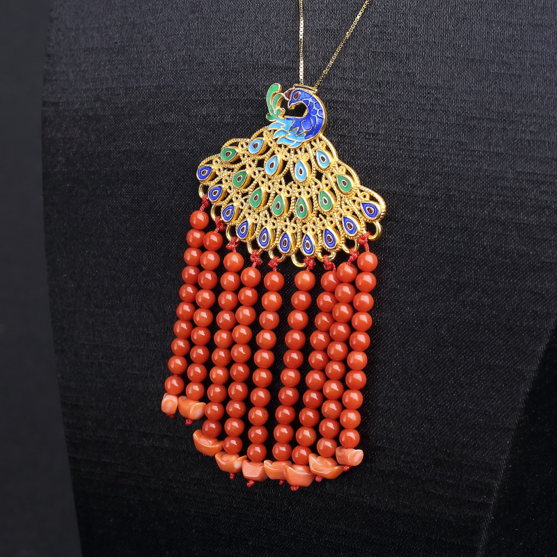 意大利天然朱红珊瑚孔雀吊坠-红掌柜