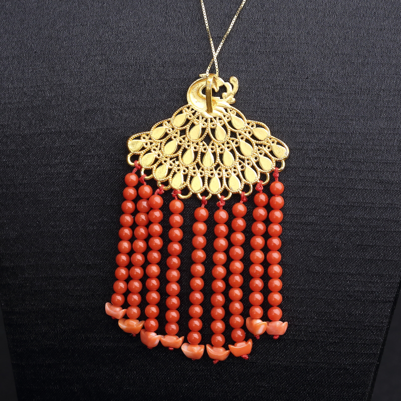 意大利天然沙丁珊瑚孔雀吊坠-红掌柜