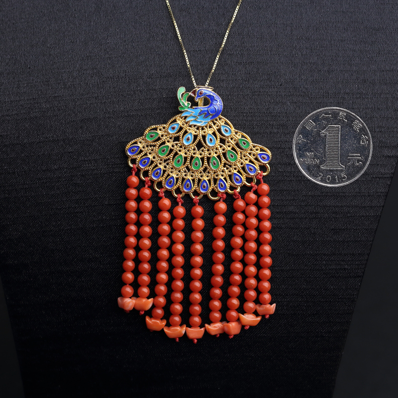 沙丁朱红珊瑚孔雀吊坠-红掌柜