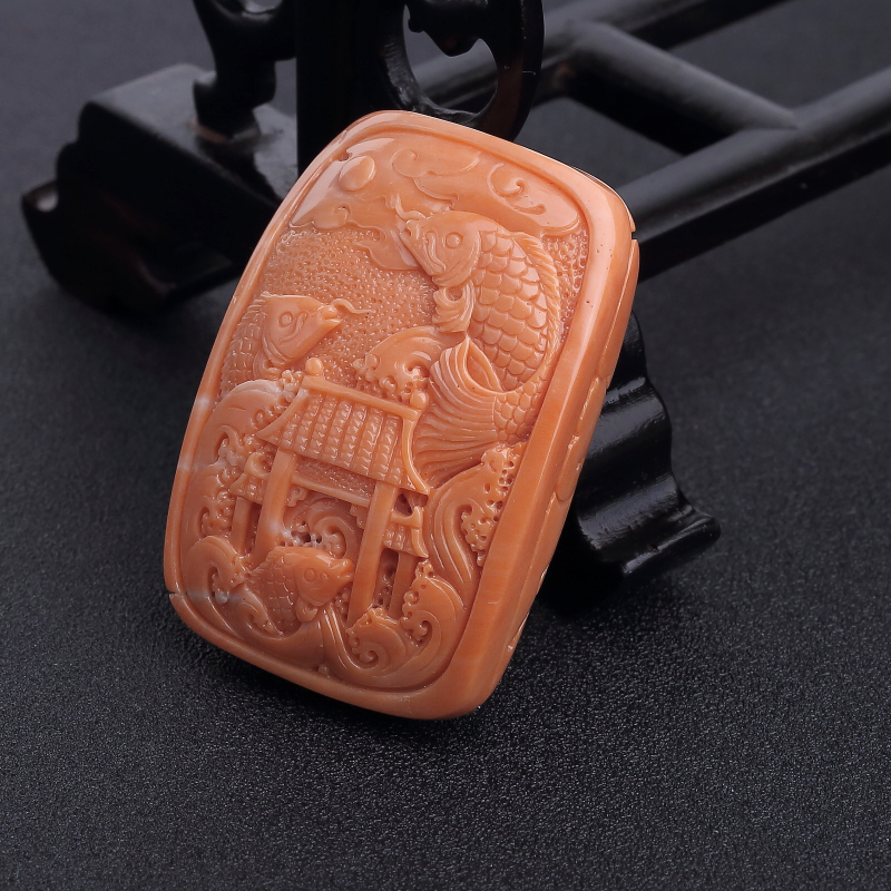 天然MOMO橘色珊瑚鱼跃龙门吊坠-红掌柜