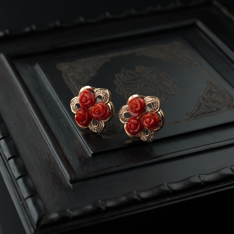 沙丁珊瑚玫瑰花耳钉 - 红掌柜