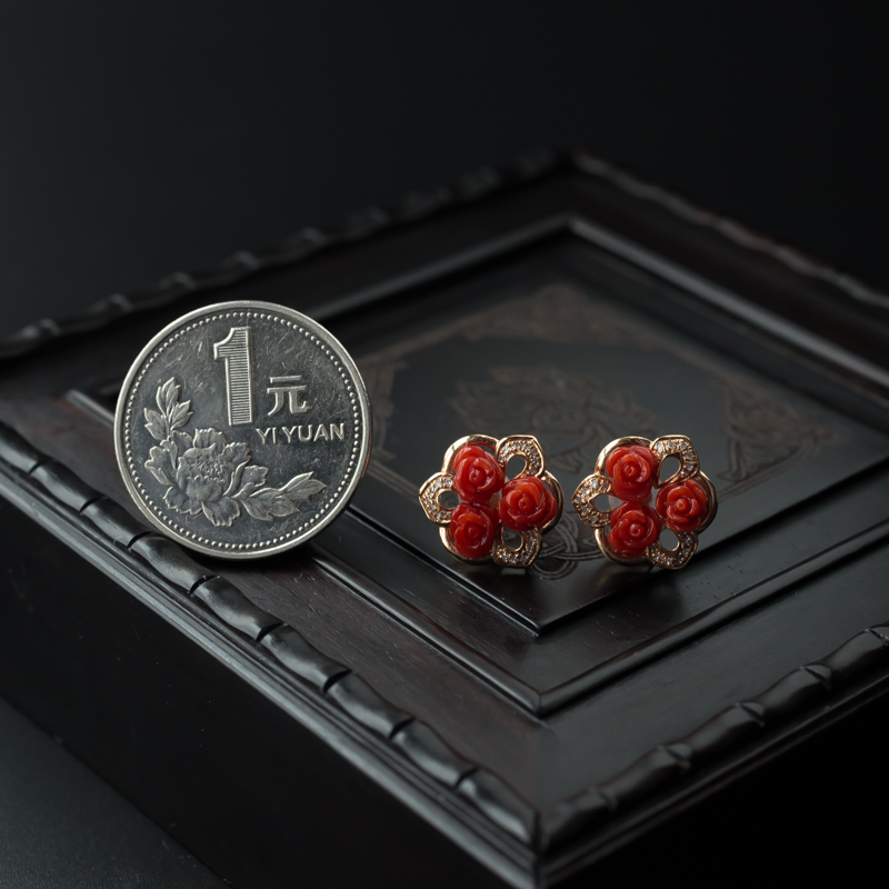 珊瑚玫瑰花耳钉 - 红掌柜