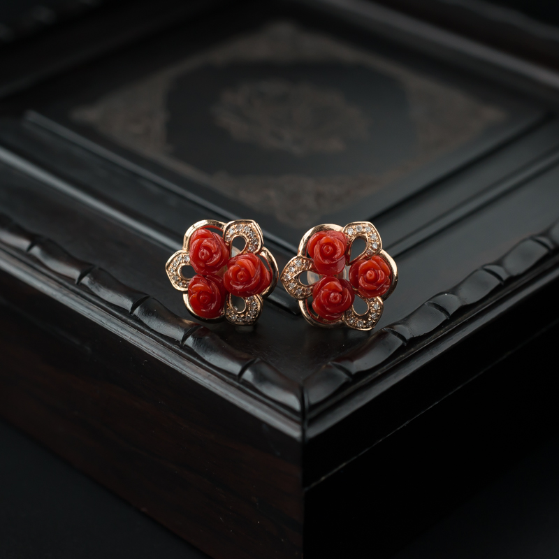 红珊瑚玫瑰花耳钉 - 红掌柜